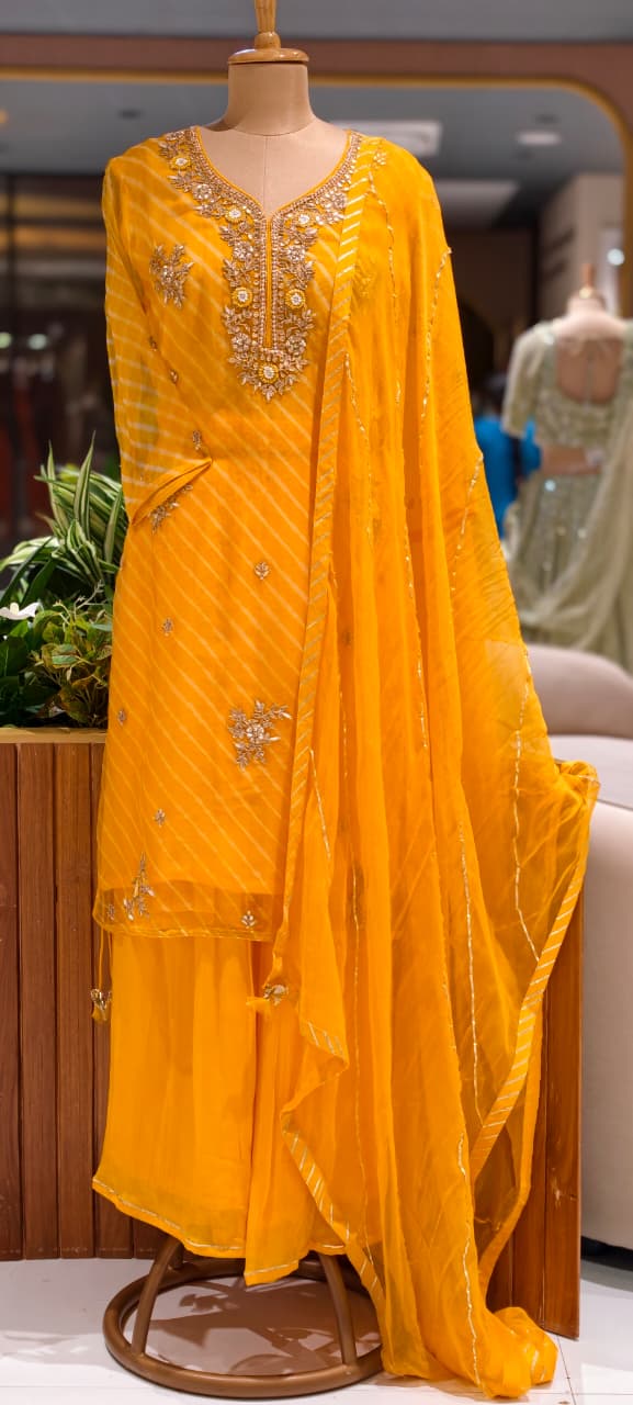 Elegant Yellow Embroidered Intricate Floral Neckline Delicate Handwork Kurti with Flared Palazzo Bottom & Dupatta In Pure Organza Fabric- 15769 -