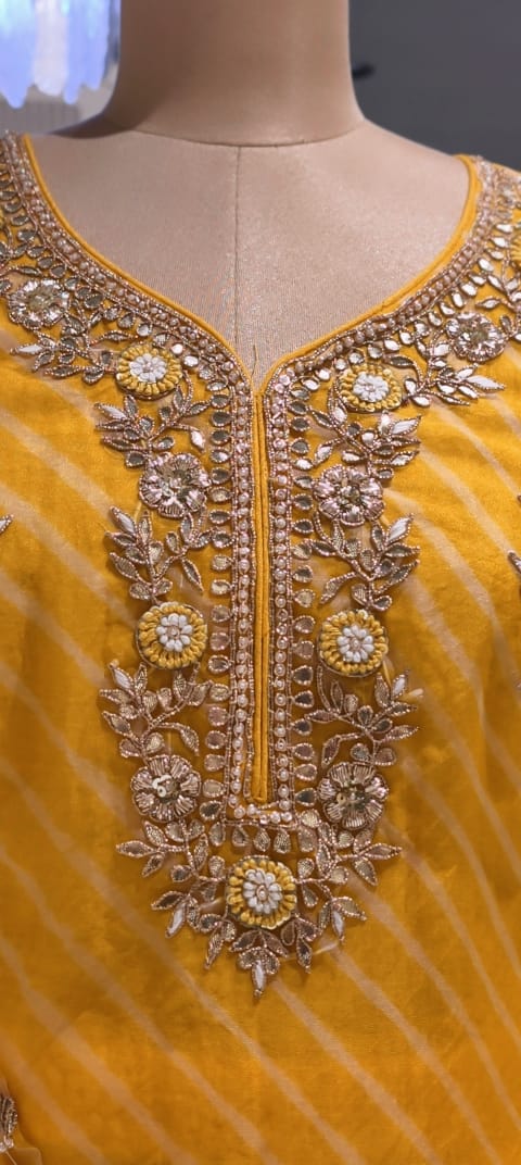 Elegant Yellow Embroidered Intricate Floral Neckline Delicate Handwork Kurti with Flared Palazzo Bottom & Dupatta In Pure Organza Fabric- 15769 -
