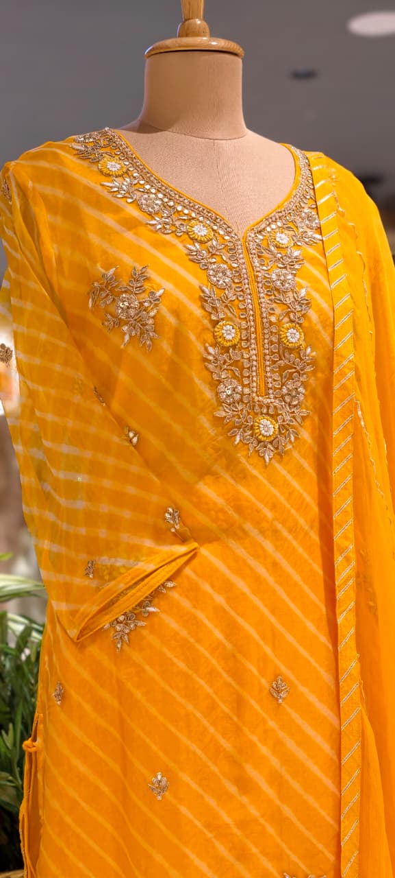 Elegant Yellow Embroidered Intricate Floral Neckline Delicate Handwork Kurti with Flared Palazzo Bottom & Dupatta In Pure Organza Fabric- 15769 -