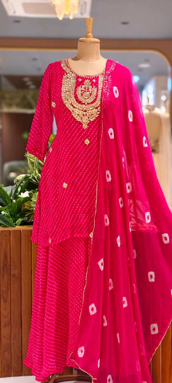 Gotta Leafy Embroidered Festive Leheriya Loose Palazzo Full Suit Set With Dupatta In Georgette Fabric- 15710