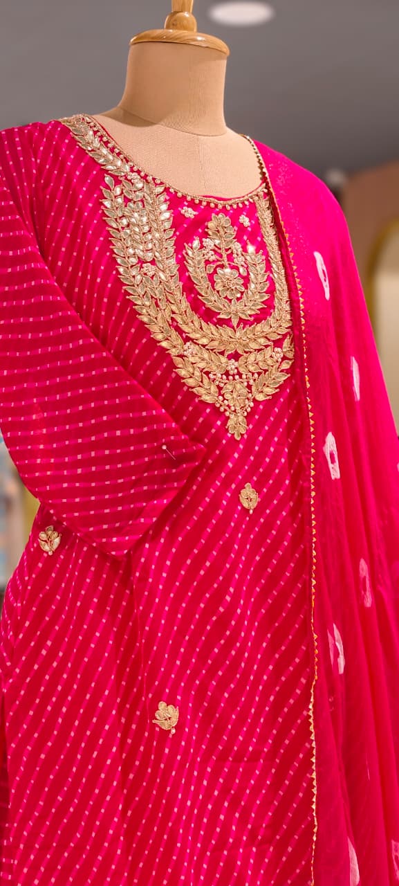 Gotta Leafy Embroidered Festive Leheriya Loose Palazzo Full Suit Set With Dupatta In Georgette Fabric- 15710