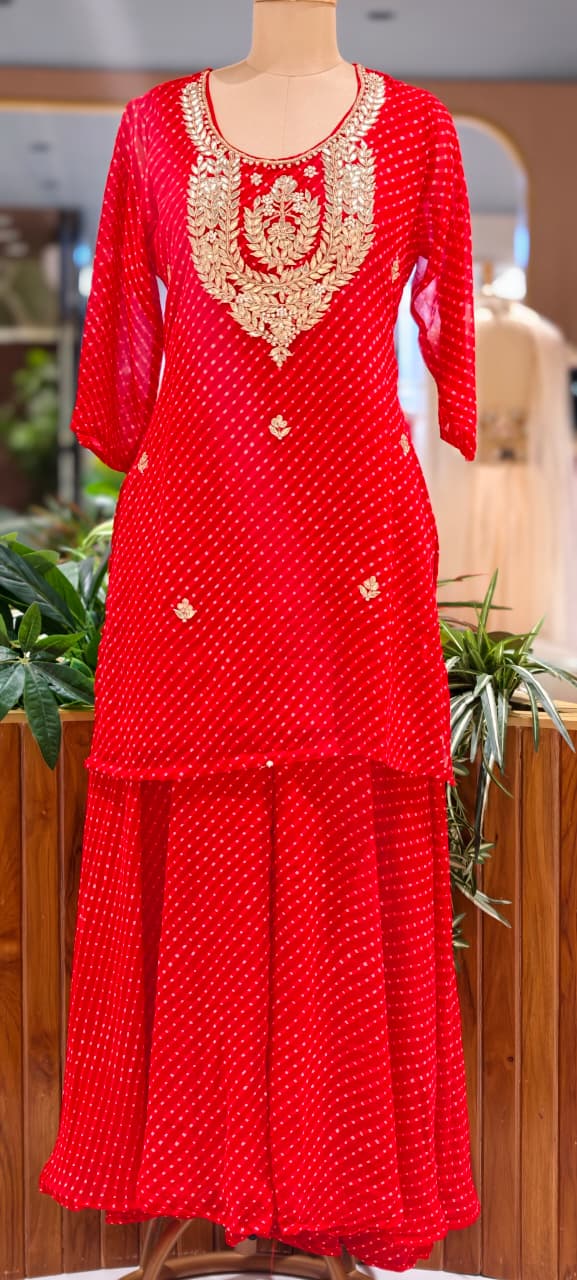 Gotta Leafy Embroidered Festive Leheriya Loose Palazzo Full Suit Set With Dupatta In Georgette Fabric- 15710
