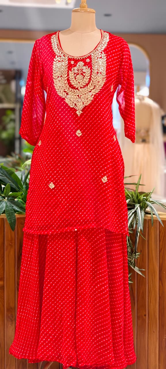 Gotta Leafy Embroidered Festive Leheriya Loose Palazzo Full Suit Set With Dupatta In Georgette Fabric- 15710