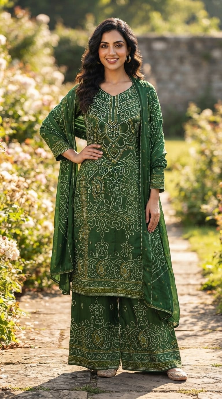 Classic Bottle Green All-Over Ethnic Bandhej Prints Full Suit Set With Dupatta & Loose Palazzo Bottom In Crepe Fabric- 15735