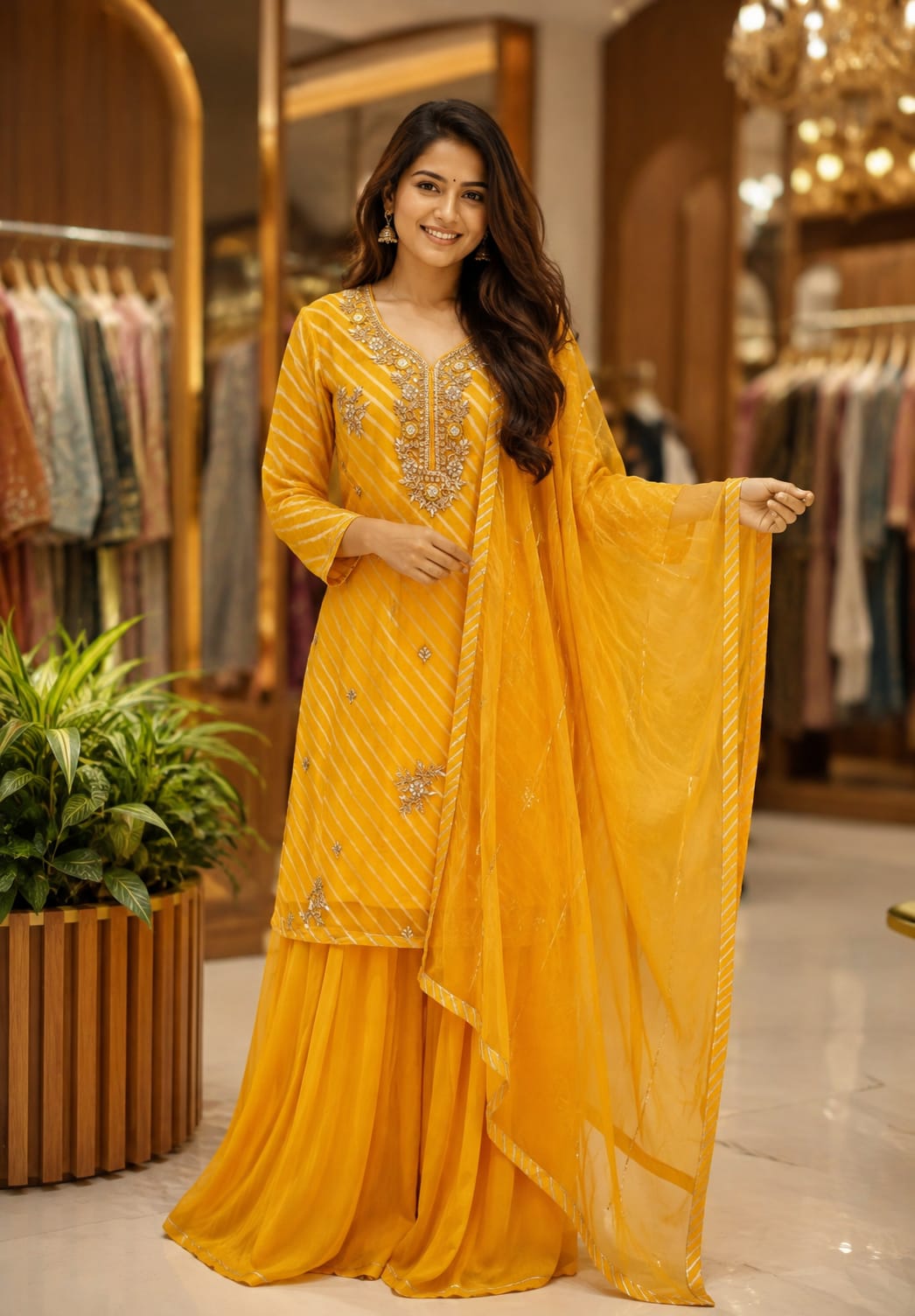 Elegant Yellow Embroidered Intricate Floral Neckline Delicate Handwork Kurti with Flared Palazzo Bottom & Dupatta In Pure Organza Fabric- 15769 -