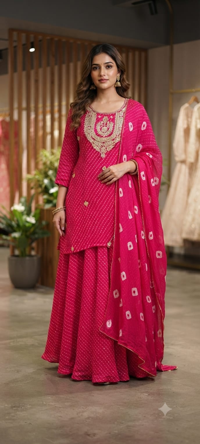 Gotta Leafy Embroidered Festive Leheriya Loose Palazzo Full Suit Set With Dupatta In Georgette Fabric- 15710