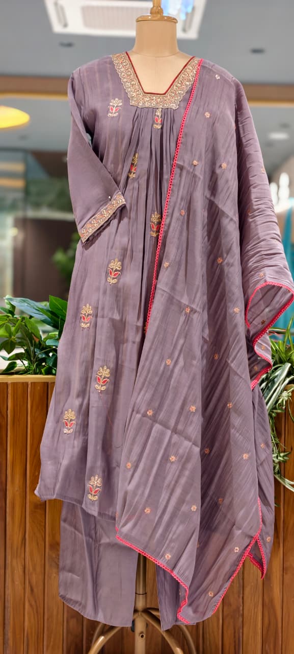 Fine Zari Embroidered Neckline Scattered Floral Pleated A-Line Surat Mul-Chanderi Full Suit Set With Dupatta- 15805