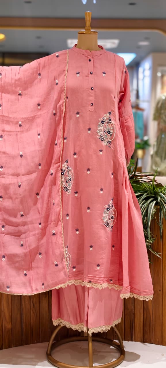 Cute Tiny Floral Motifs Closed Neck A-Line Surat Mul-Chanderi Full Suit Set With Dupatta- 15790