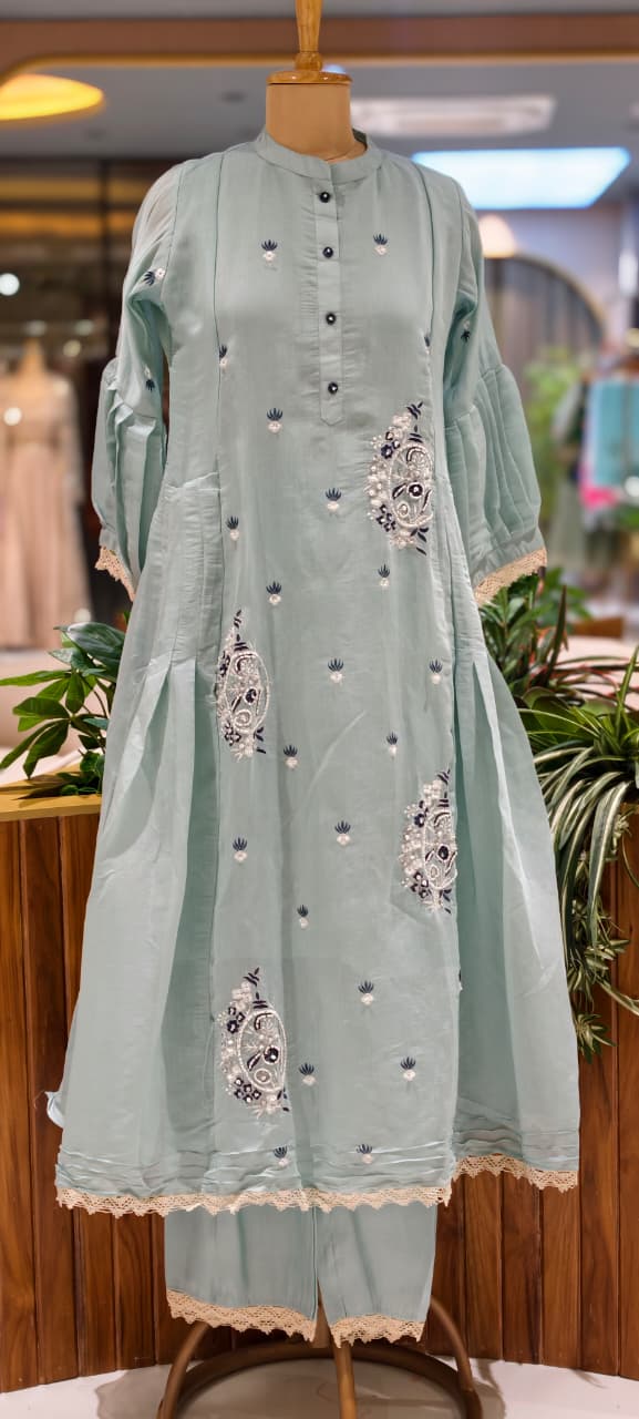 Cute Tiny Floral Motifs Closed Neck A-Line Surat Mul-Chanderi Full Suit Set With Dupatta- 15790