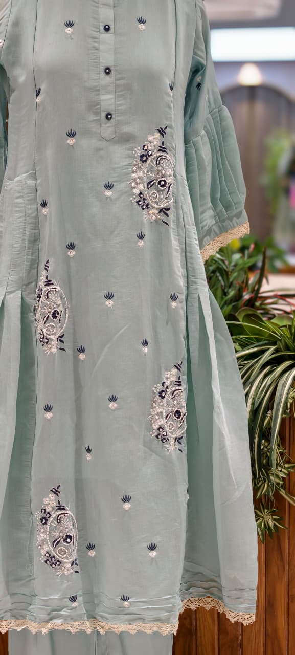 Cute Tiny Floral Motifs Closed Neck A-Line Surat Mul-Chanderi Full Suit Set With Dupatta- 15790