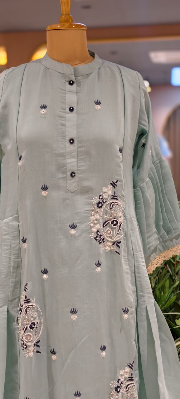 Cute Tiny Floral Motifs Closed Neck A-Line Surat Mul-Chanderi Full Suit Set With Dupatta- 15790
