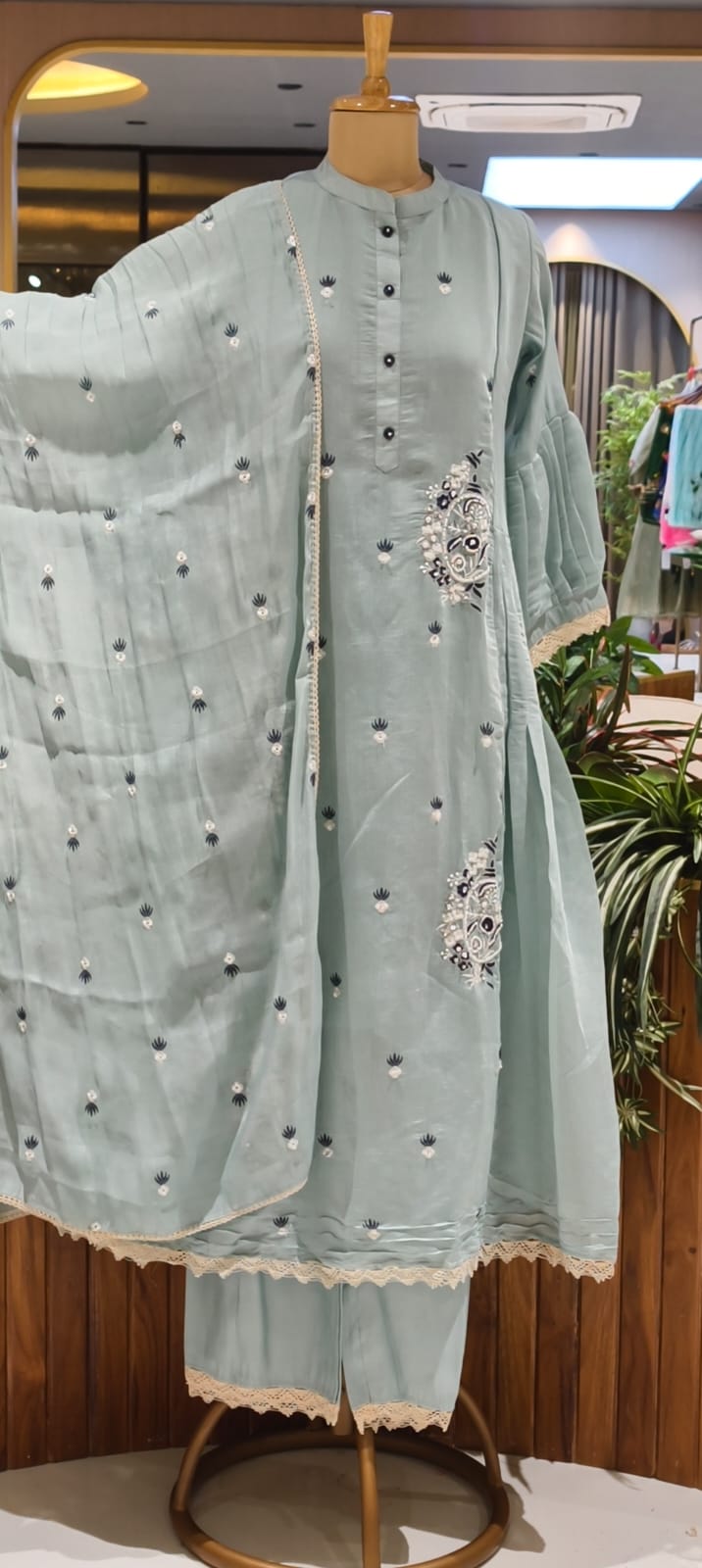 Cute Tiny Floral Motifs Closed Neck A-Line Surat Mul-Chanderi Full Suit Set With Dupatta- 15790