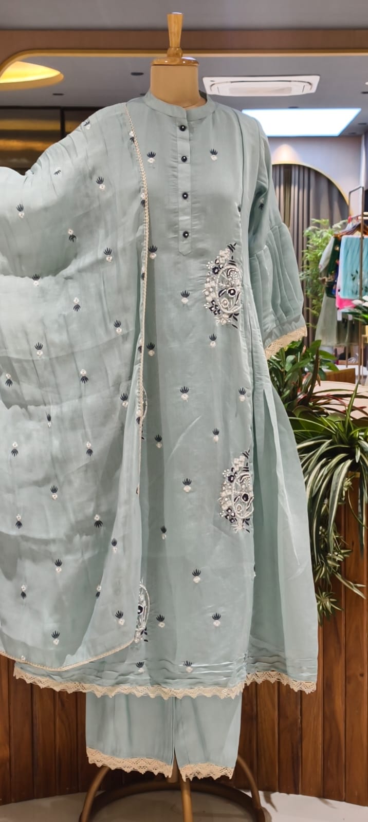Cute Tiny Floral Motifs Closed Neck A-Line Surat Mul-Chanderi Full Suit Set With Dupatta- 15790
