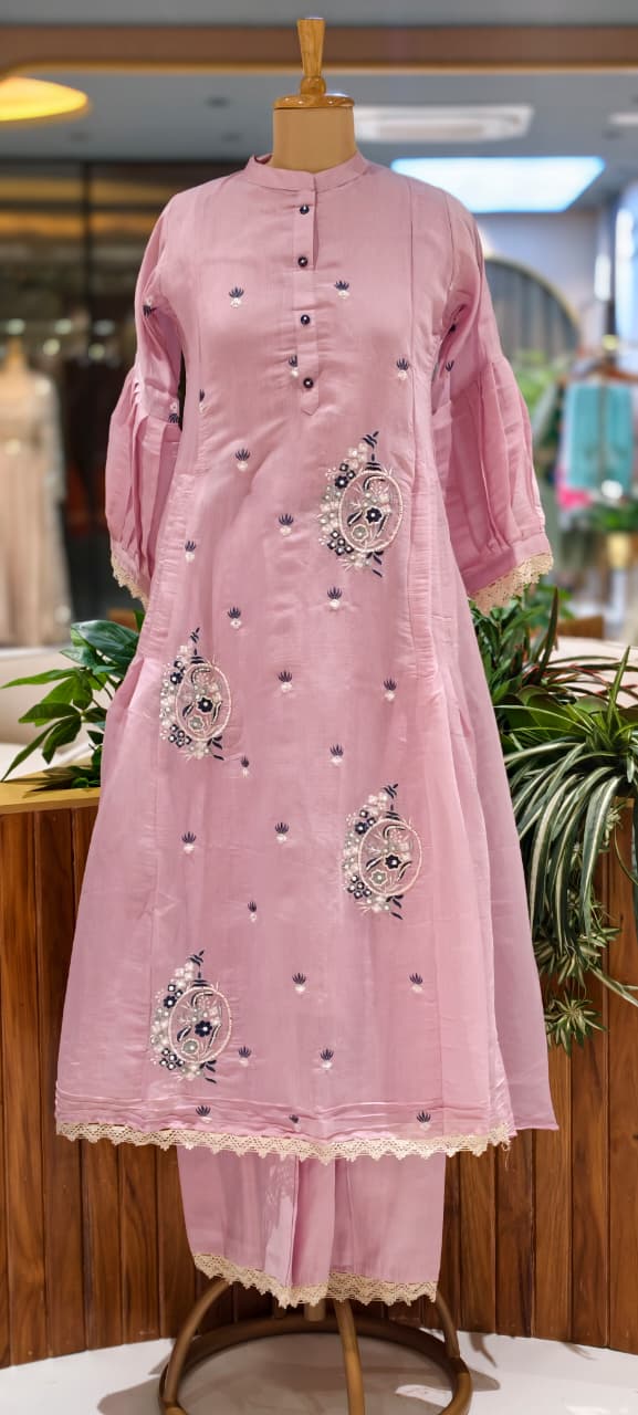 Cute Tiny Floral Motifs Closed Neck A-Line Surat Mul-Chanderi Full Suit Set With Dupatta- 15790