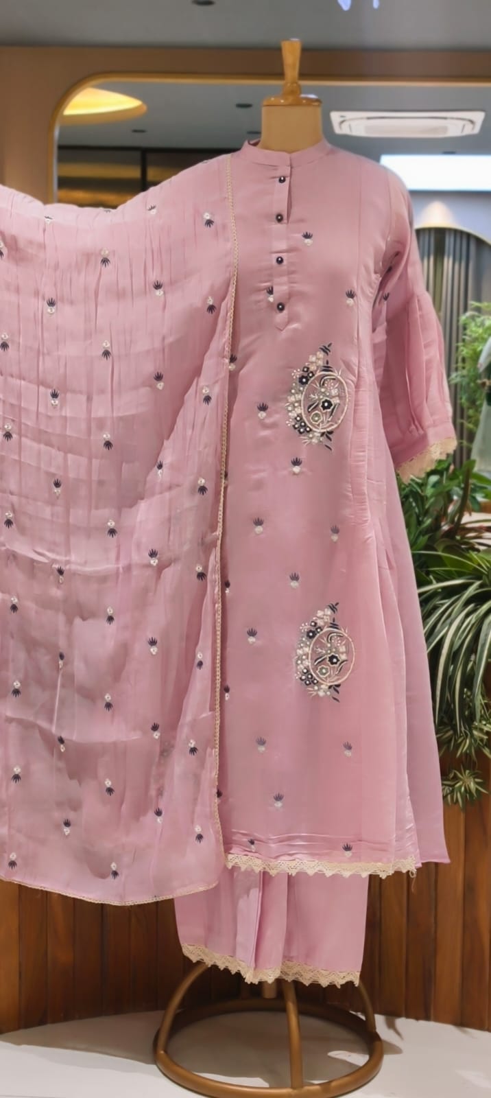 Cute Tiny Floral Motifs Closed Neck A-Line Surat Mul-Chanderi Full Suit Set With Dupatta- 15790