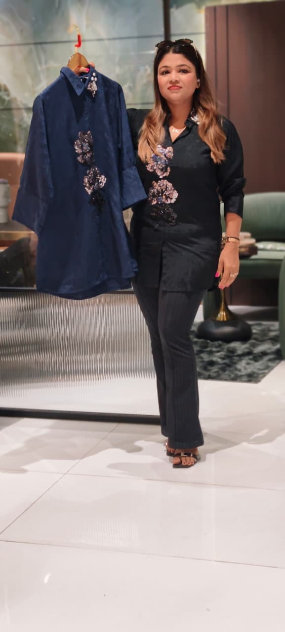 Star With Pearl & Sequin Touch Embroidery Over Front & Collar Stylish Imported Shirt- 15217