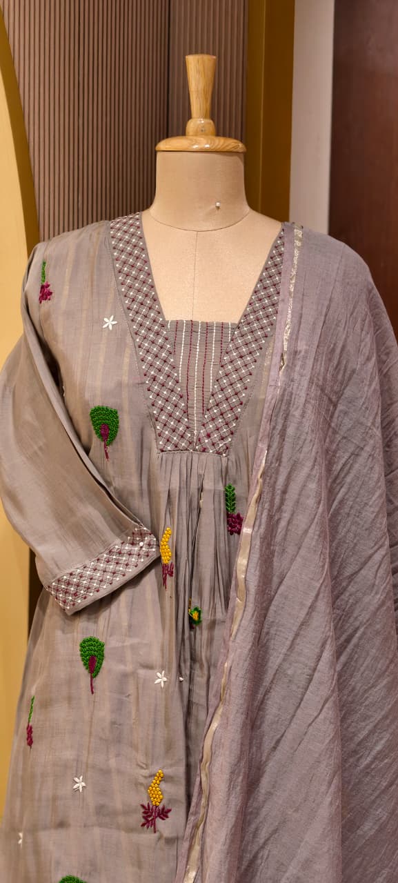 Cute Scattered Motifs With Linear Neckline Surat Mul-Chanderi A-Line Full Suit Set With Dupatta- 15804