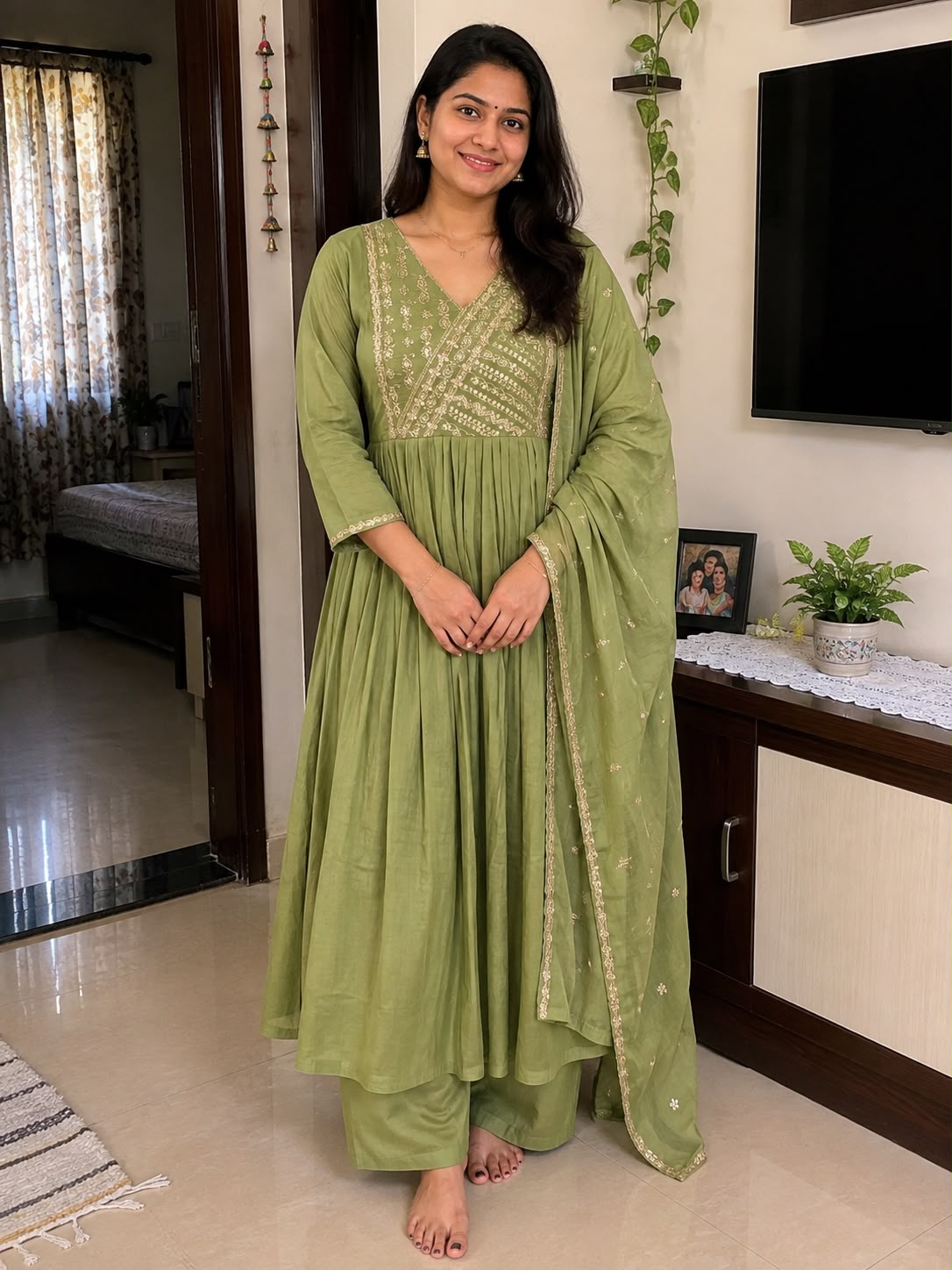 Intricate Zardosi Angrakha Look Yoke A-Line Surat Mul-Chanderi Full Suit Set With Dupatta- 15723