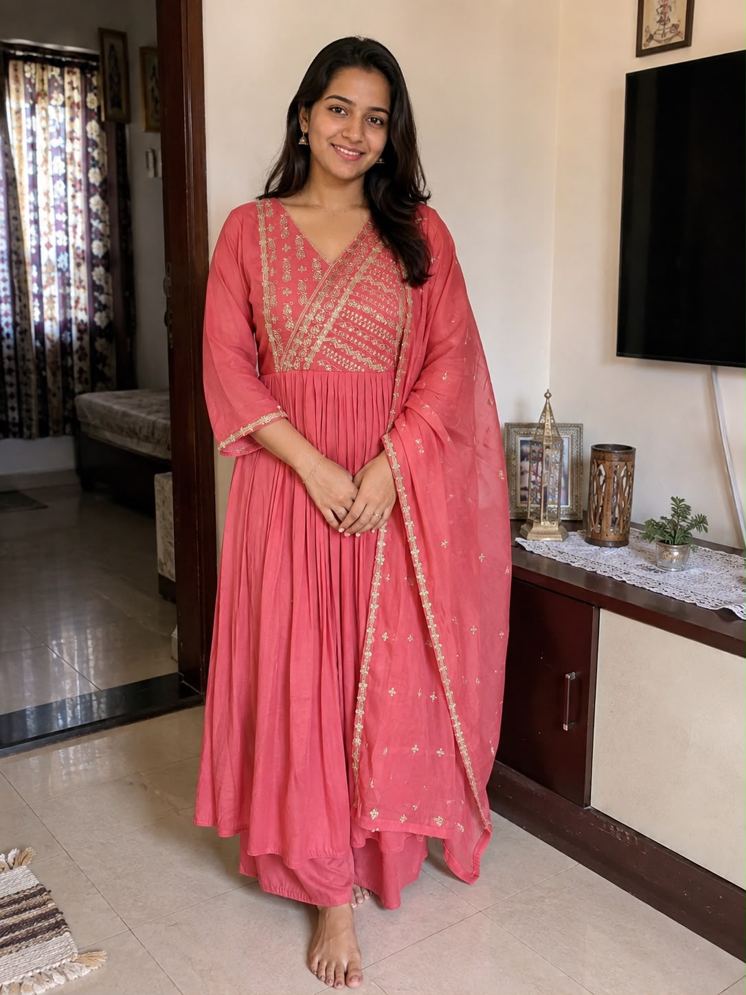 Intricate Zardosi Angrakha Look Yoke A-Line Surat Mul-Chanderi Full Suit Set With Dupatta- 15723