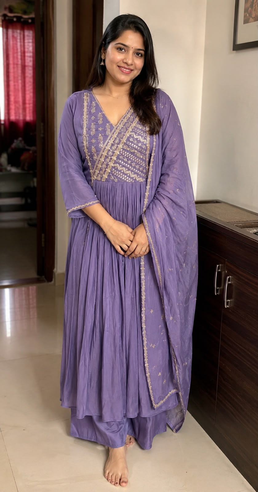 Intricate Zardosi Angrakha Look Yoke A-Line Surat Mul-Chanderi Full Suit Set With Dupatta- 15723