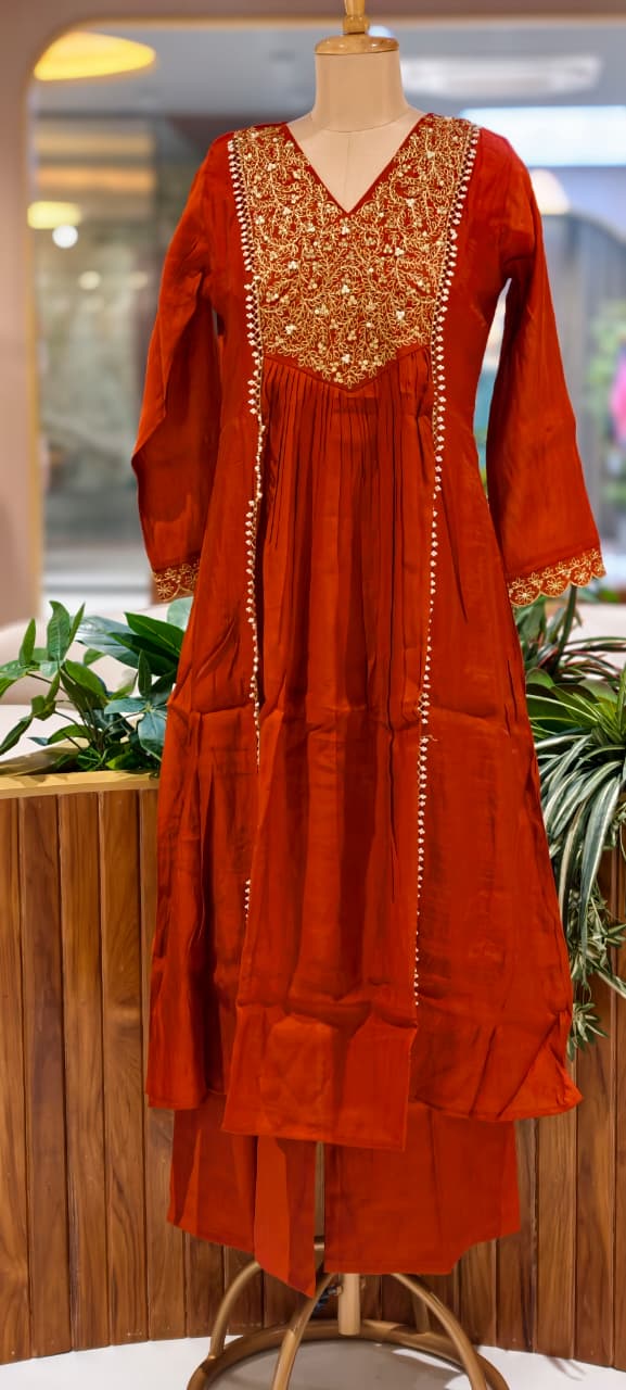 Grand Zardosi Yoke With Pearl Highlights Surat Mul-Chanderi A-Line Full Suit Set With Dupatta- 15828