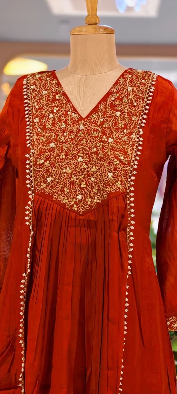Grand Zardosi Yoke With Pearl Highlights Surat Mul-Chanderi A-Line Full Suit Set With Dupatta- 15828