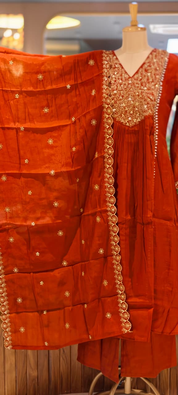 Grand Zardosi Yoke With Pearl Highlights Surat Mul-Chanderi A-Line Full Suit Set With Dupatta- 15828
