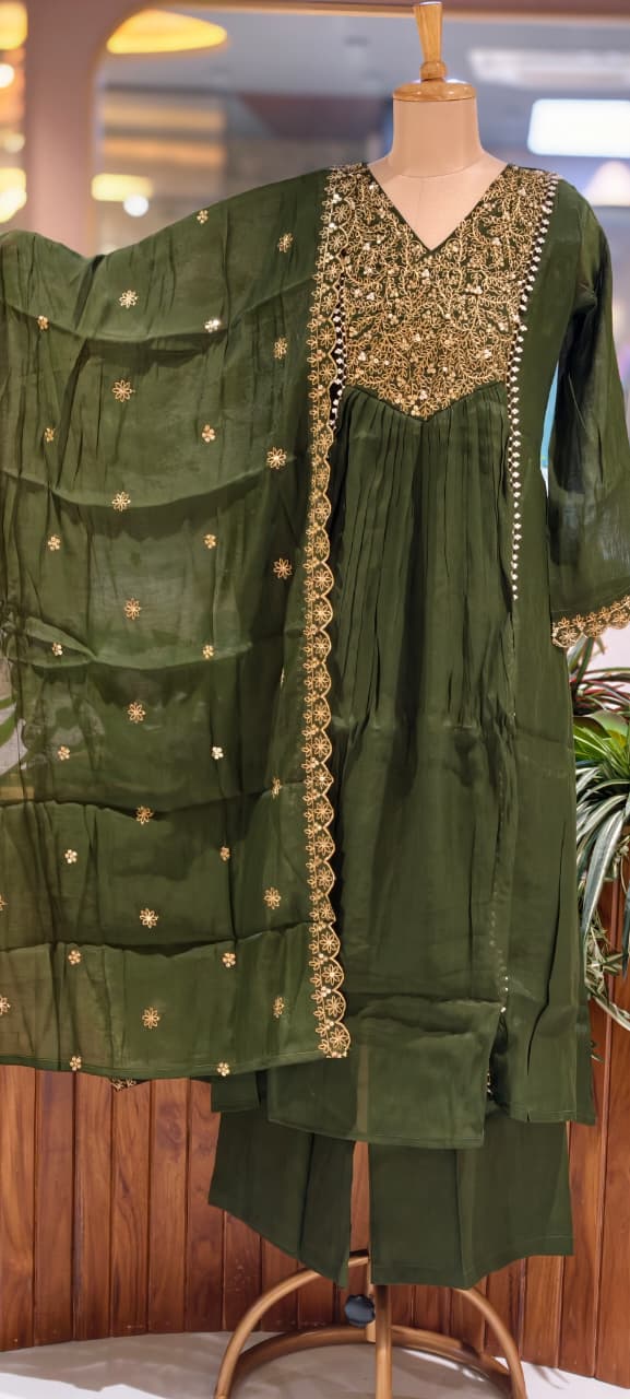 Grand Zardosi Yoke With Pearl Highlights Surat Mul-Chanderi A-Line Full Suit Set With Dupatta- 15828