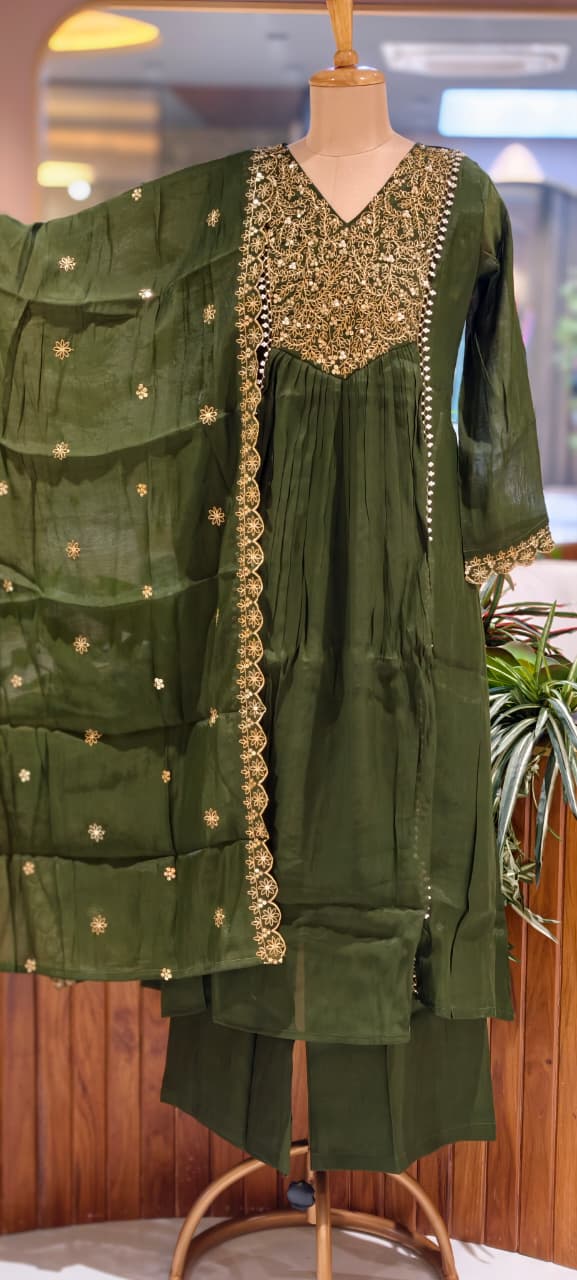 Grand Zardosi Yoke With Pearl Highlights Surat Mul-Chanderi A-Line Full Suit Set With Dupatta- 15828