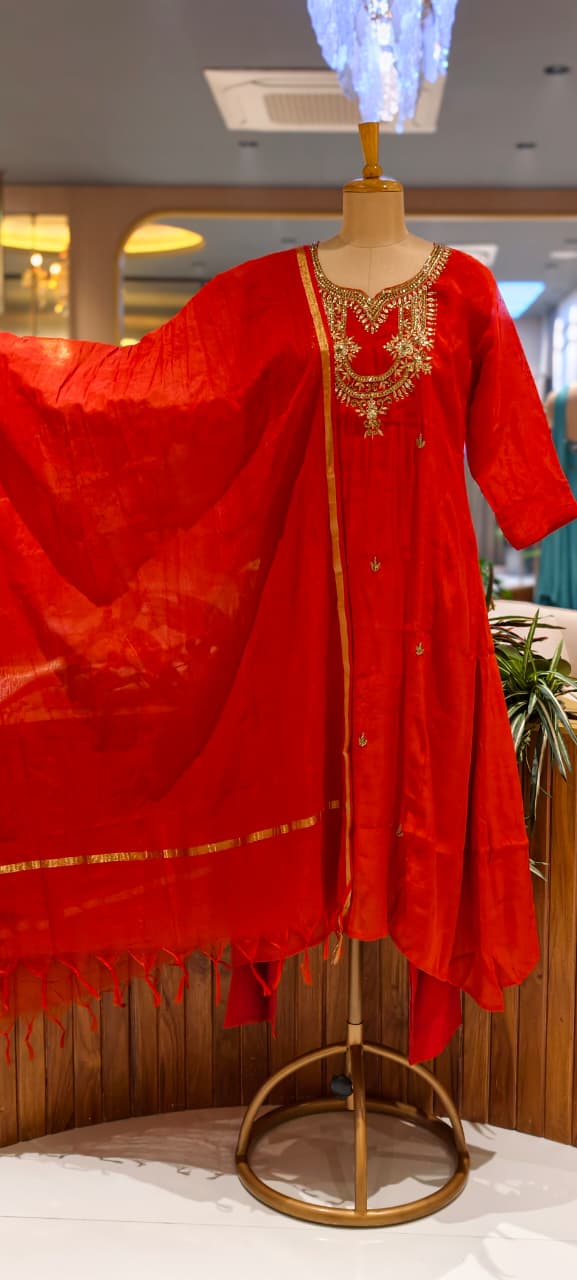 Cut-Dana With Sequin Embroidered Yoke A-Line Surat Mul-Chanderi Full Suit Set With Dupatta-  15829