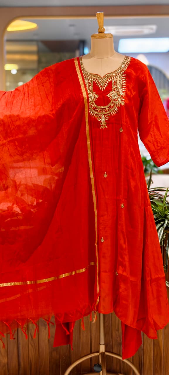 Cut-Dana With Sequin Embroidered Yoke A-Line Surat Mul-Chanderi Full Suit Set With Dupatta-  15829