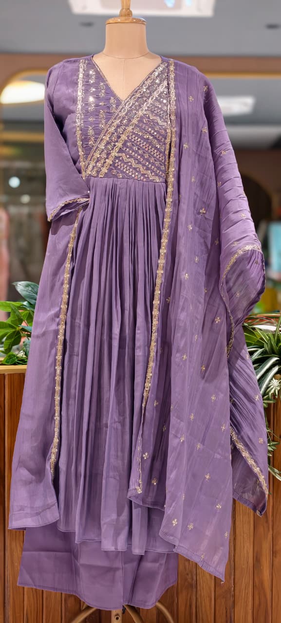 Intricate Zardosi Angrakha Look Yoke A-Line Surat Mul-Chanderi Full Suit Set With Dupatta- 15723