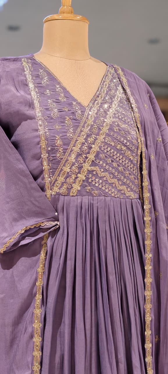 Intricate Zardosi Angrakha Look Yoke A-Line Surat Mul-Chanderi Full Suit Set With Dupatta- 15723