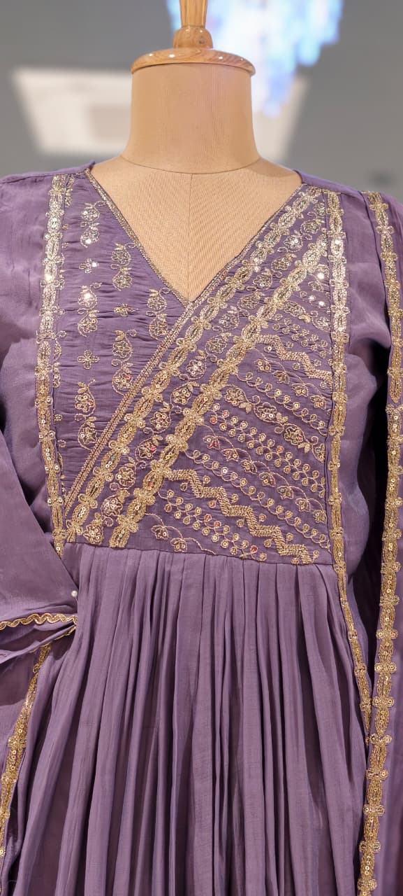 Intricate Zardosi Angrakha Look Yoke A-Line Surat Mul-Chanderi Full Suit Set With Dupatta- 15723
