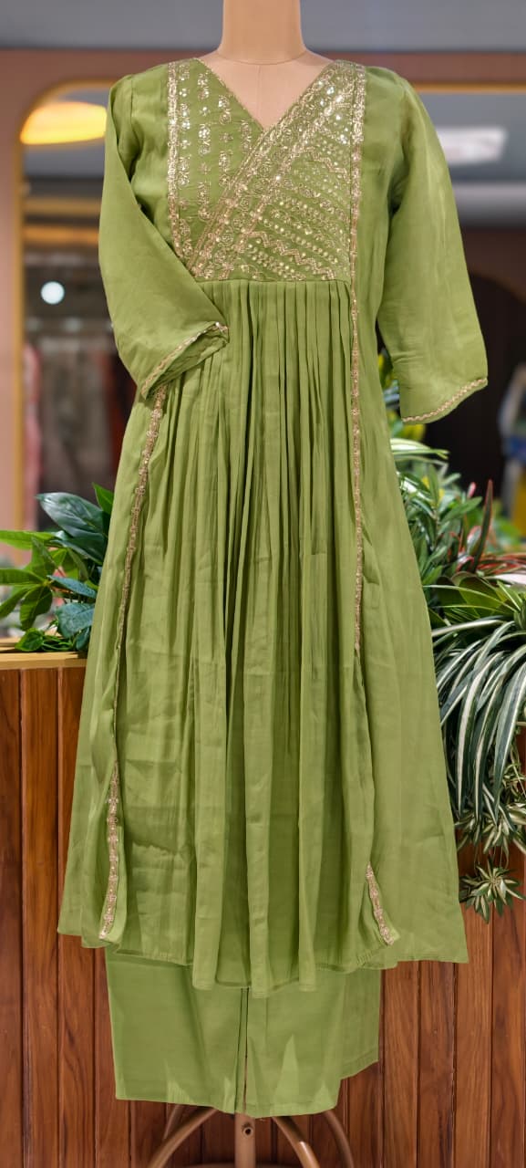 Intricate Zardosi Angrakha Look Yoke A-Line Surat Mul-Chanderi Full Suit Set With Dupatta- 15723