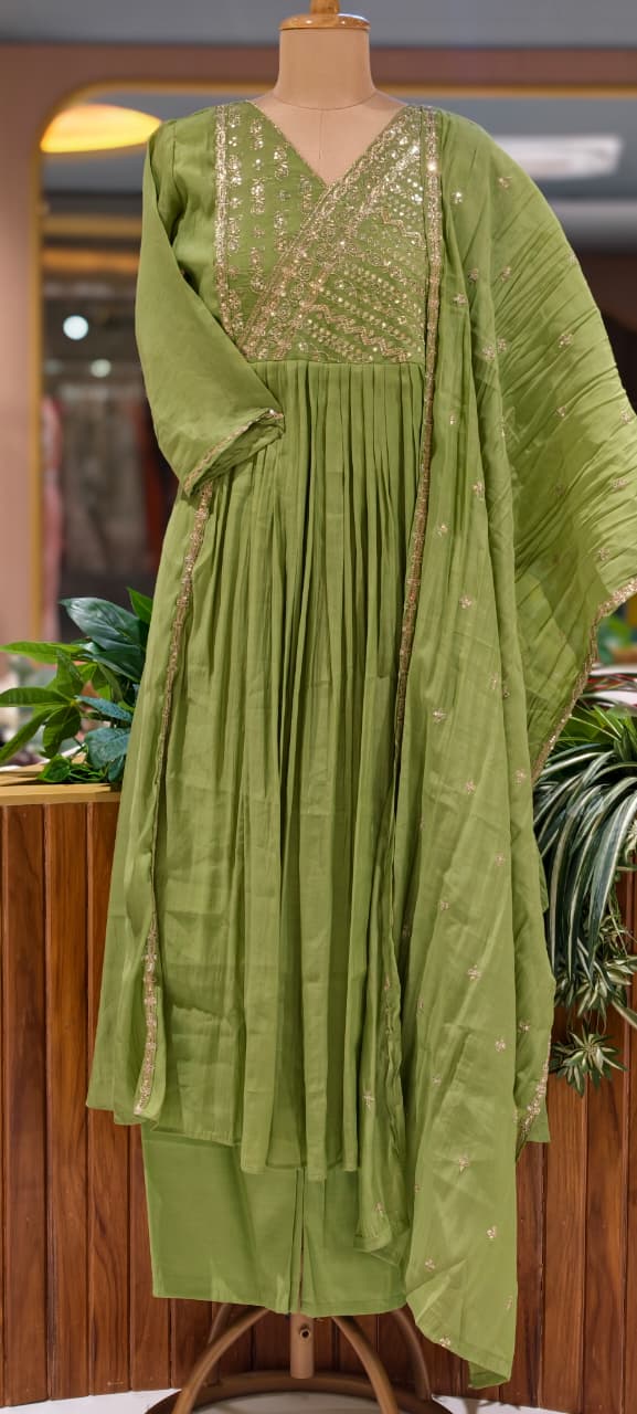 Intricate Zardosi Angrakha Look Yoke A-Line Surat Mul-Chanderi Full Suit Set With Dupatta- 15723