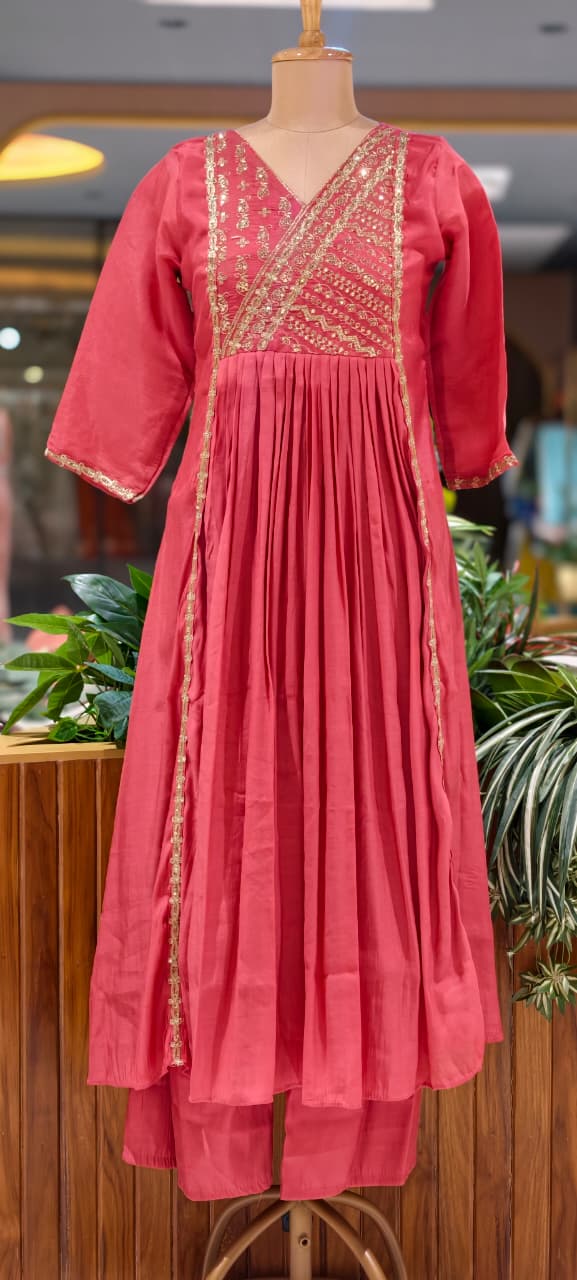 Intricate Zardosi Angrakha Look Yoke A-Line Surat Mul-Chanderi Full Suit Set With Dupatta- 15723