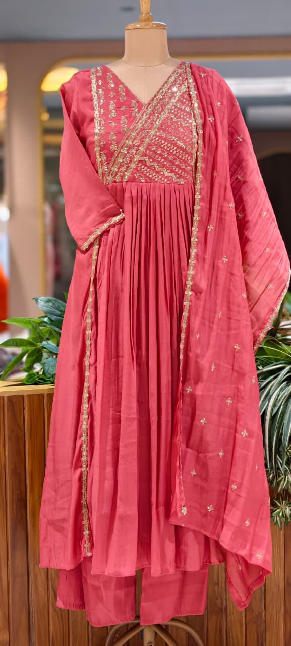 Intricate Zardosi Angrakha Look Yoke A-Line Surat Mul-Chanderi Full Suit Set With Dupatta- 15723