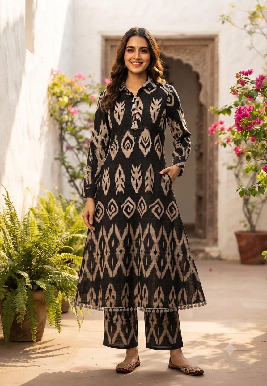 Ikkat Inspired Print Thread Tassel Accent A-Line Kurta Pant Set- 15830