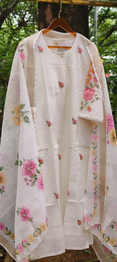 Ivory Spring Floral Embroidered With Print Kora Cotton Full Suit Set With Dupatta- 14689