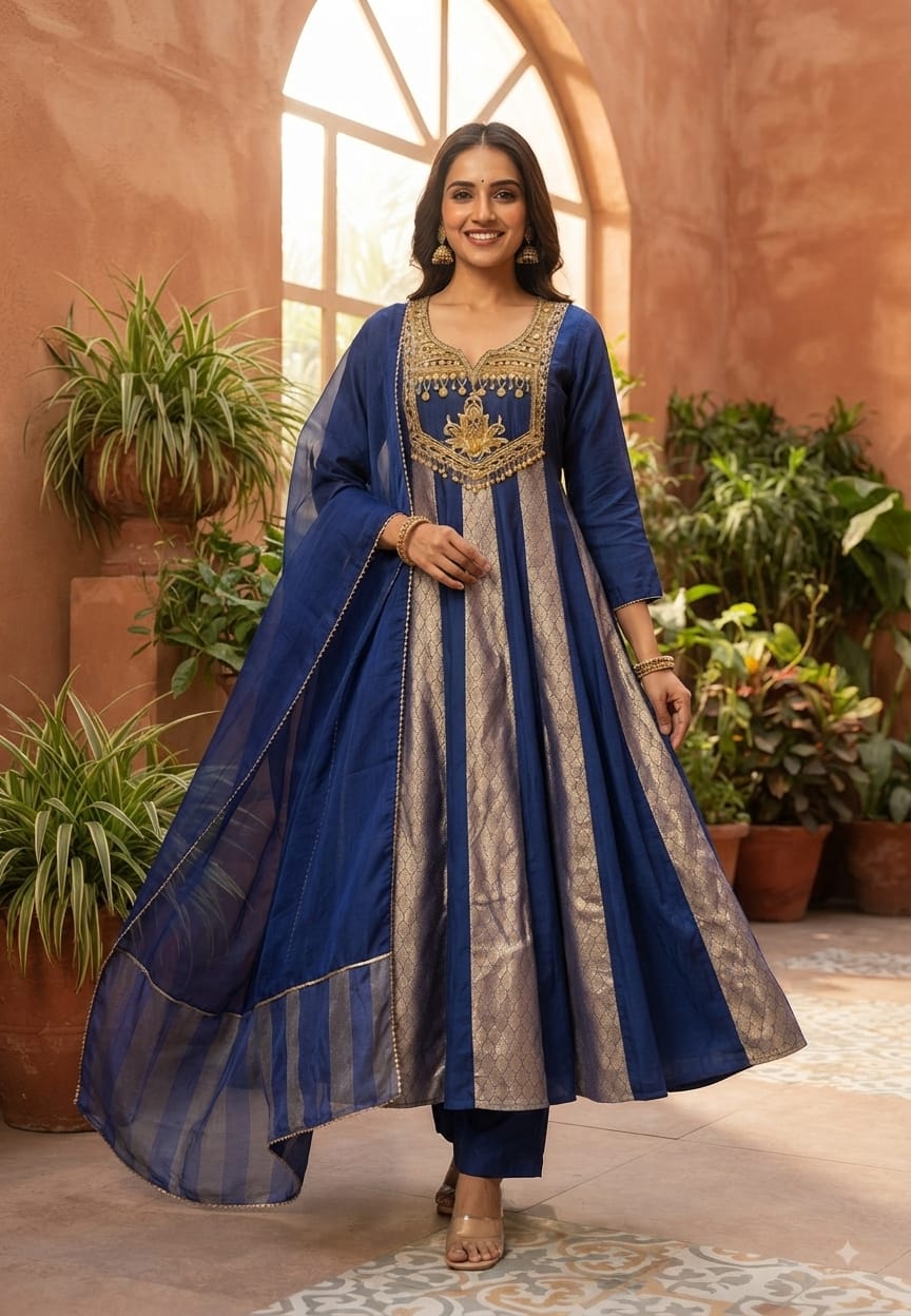 Scarlet Grand Regal Gold Embroidered Festive Ensemble Brocade Panels Russian Silk Anarkali Full Suit Set With Dupatta- 15811
