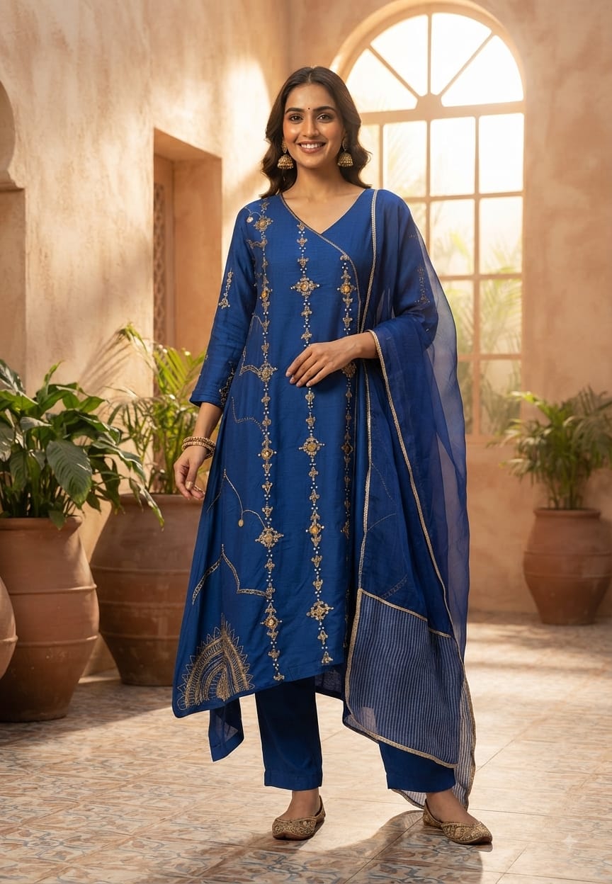 Royal Blue Delicate Golden Placement Handwork Festive Elegance Angrakha Pattern Russian Silk A-Line Full Suit Set With Dupatta- 15813