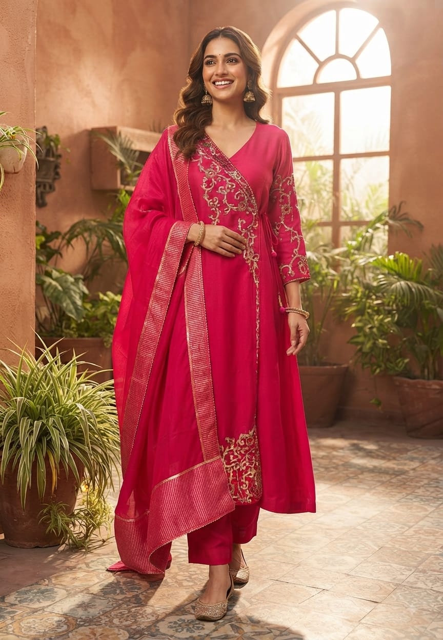 Fuschia Pink Sequin Embellished Intricate Embroidered Designer Angrakha Russian Silk A-Line Full Suit Set With Dupatta- 15814