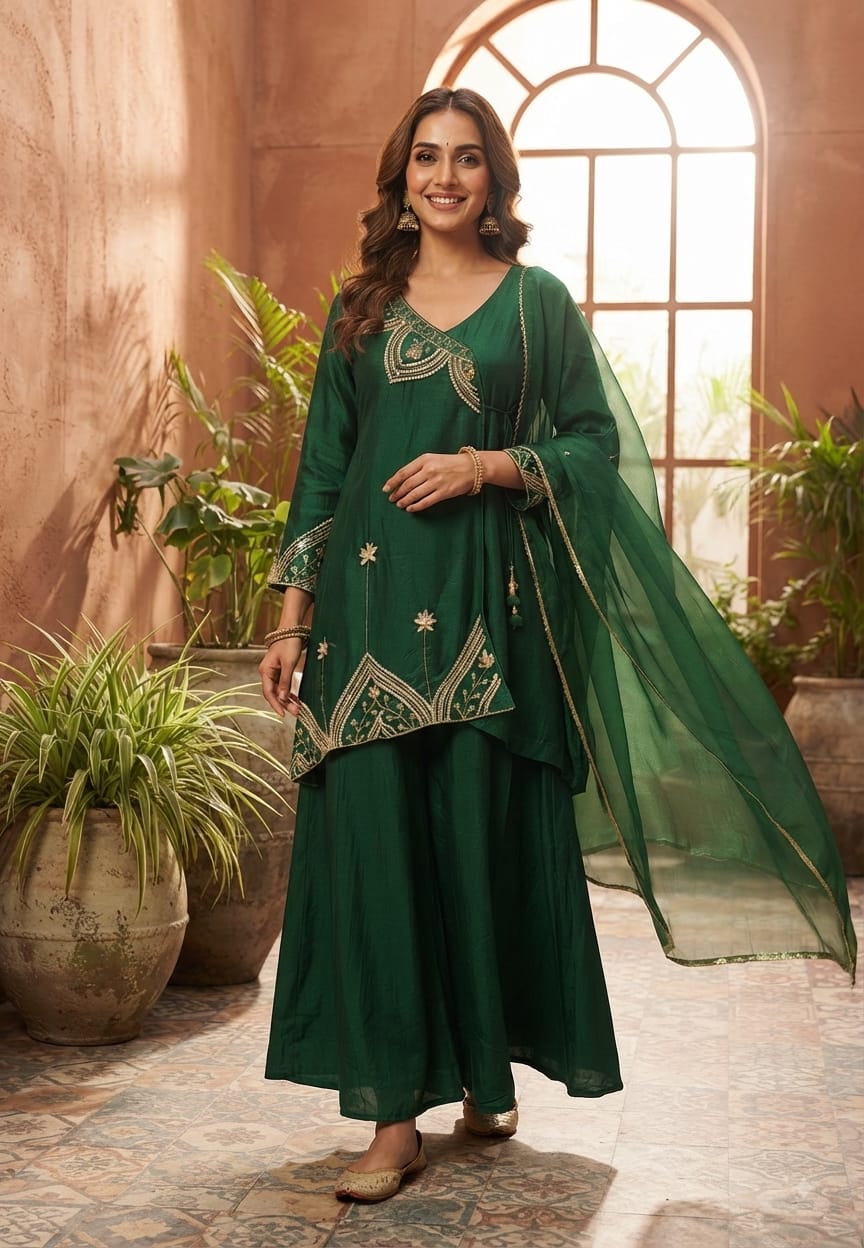 Bottle Green Heritage Placement Embroidered Festive Wear Short Length Kurta With Palazzo & Dupatta Set In Dola Silk Fabric- 15812