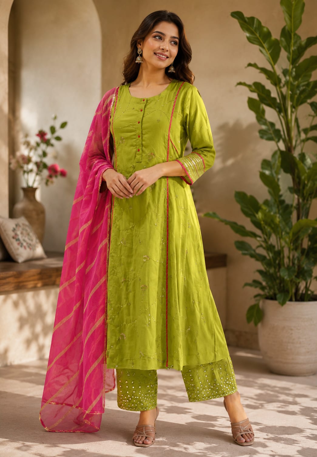 Beautiful Handcrafted Mul Cotton Suit Set with Embroidered Kurta, Matching Bottom & Printed Dupatta- 15820