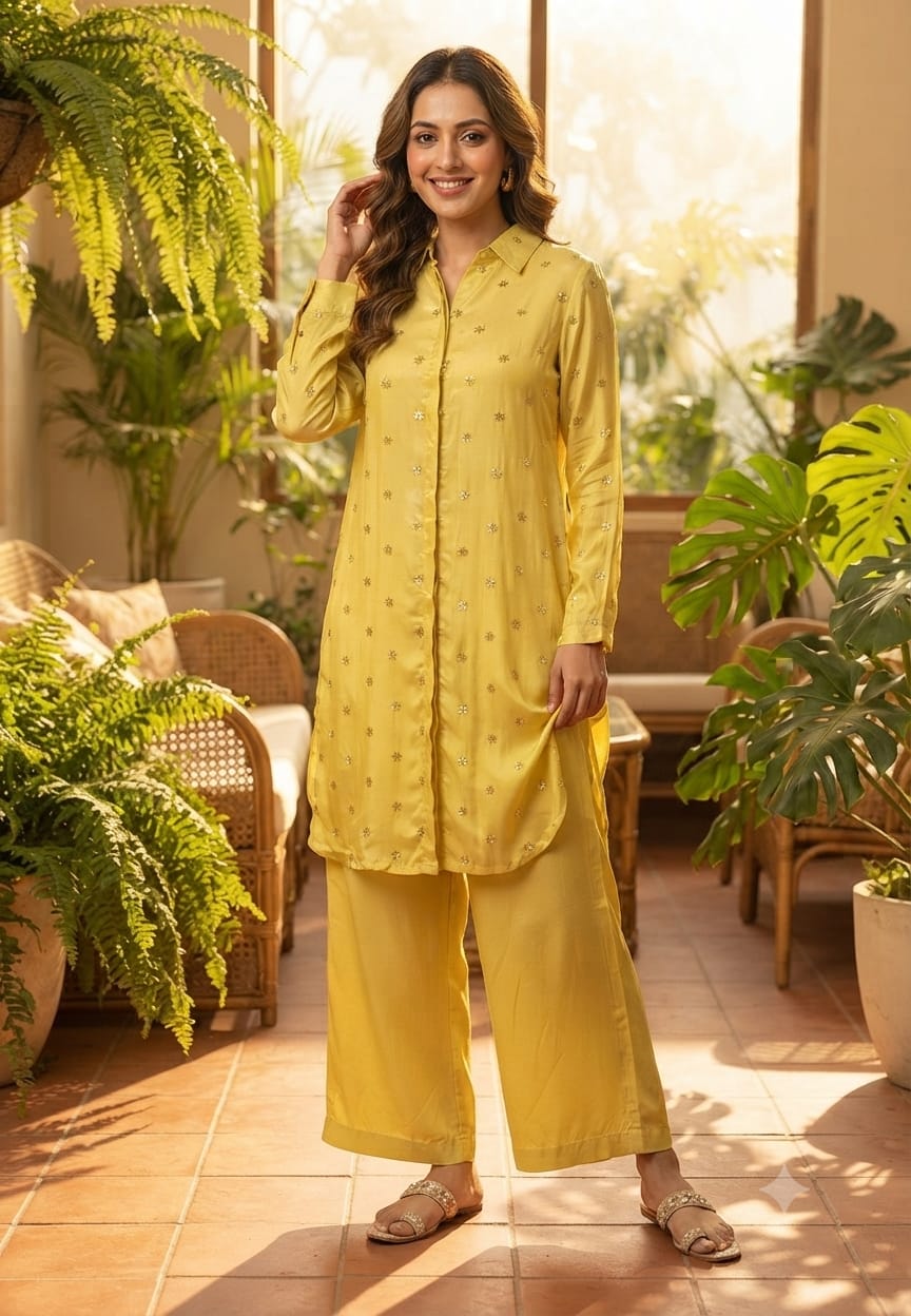 Contemporary Embroidered Muslin Fabric Co-Ord Set – Stylish Long Kurta with Comfortable Wide-Leg Pants- 15817