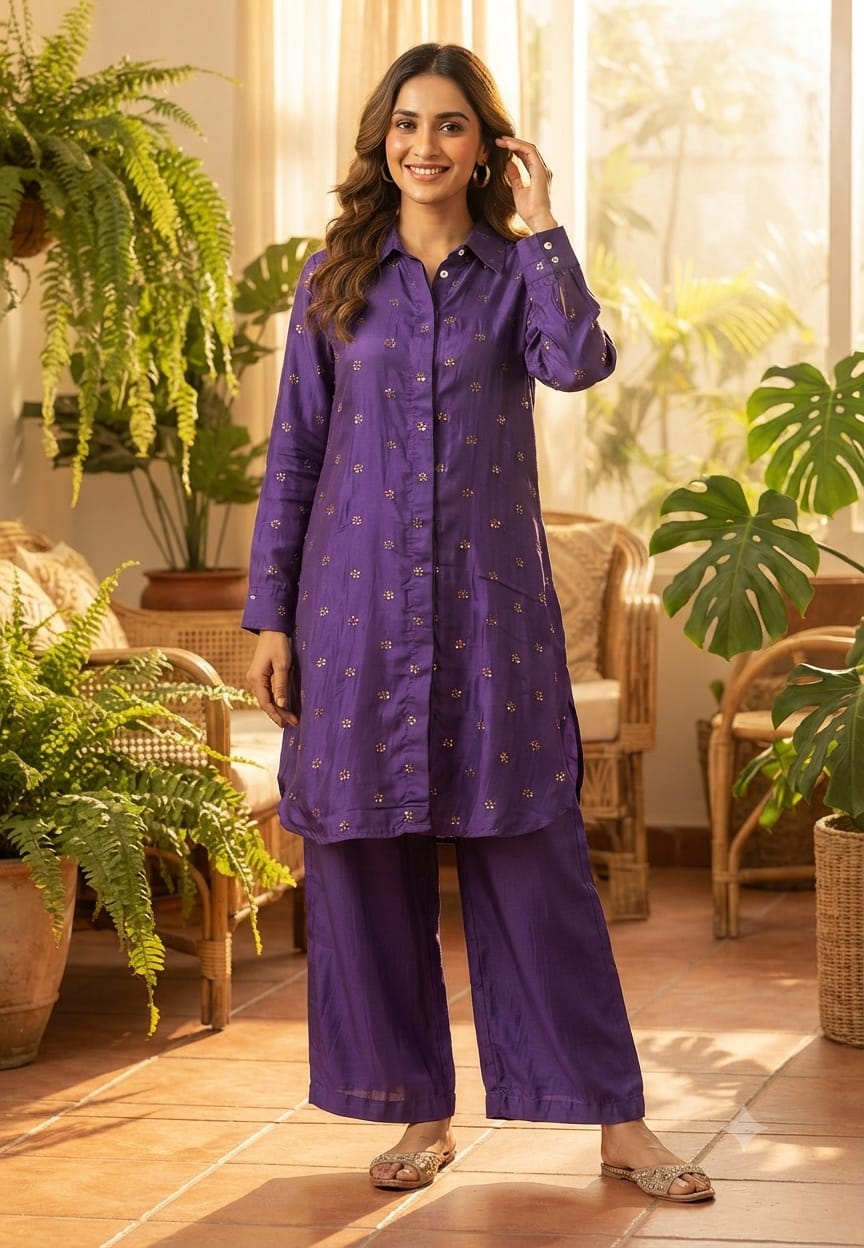 Contemporary Embroidered Muslin Fabric Co-Ord Set – Stylish Long Kurta with Comfortable Wide-Leg Pants- 15817
