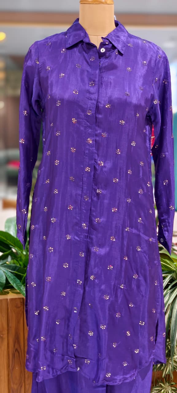 Contemporary Embroidered Muslin Fabric Co-Ord Set – Stylish Long Kurta with Comfortable Wide-Leg Pants- 15817