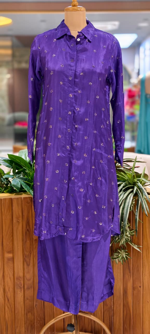 Contemporary Embroidered Muslin Fabric Co-Ord Set – Stylish Long Kurta with Comfortable Wide-Leg Pants- 15817