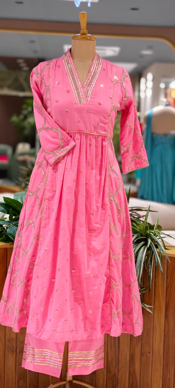 Graceful Embroidered Anarkali Kurta Set with Matching Pants – Elegant Ethnic Wear for Festive Occasion Mul Cotton Fabric--15818